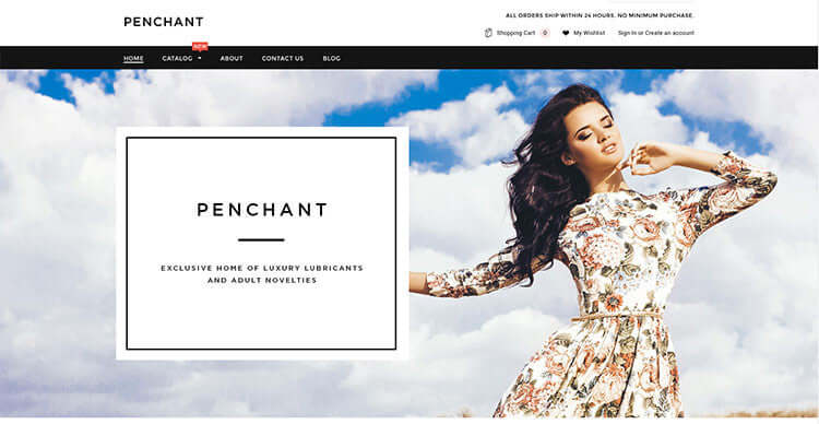 Penchant Pleasure luxury lubricants and adult novelties website homepage with model outdoors