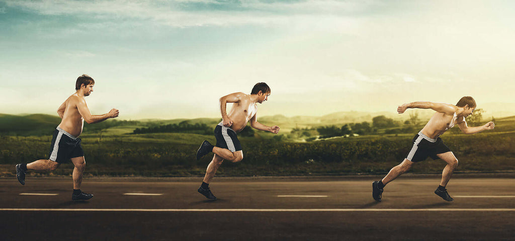 Three stages of a shirtless man in black shorts running outdoors on a road at sunset