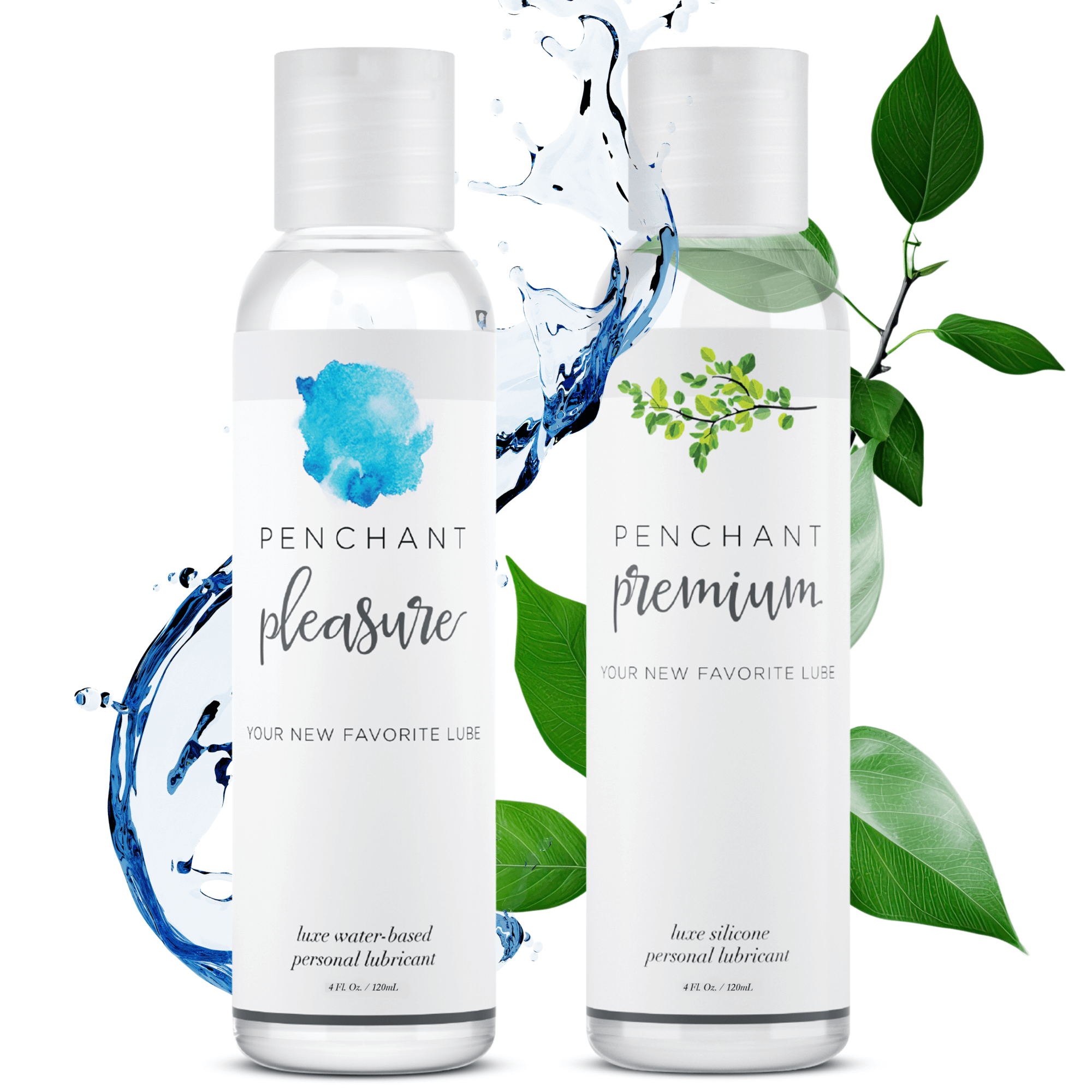 Penchant water-based and silicone-based personal lubricant bottles side by side, comparing silicone vs water-based lube
