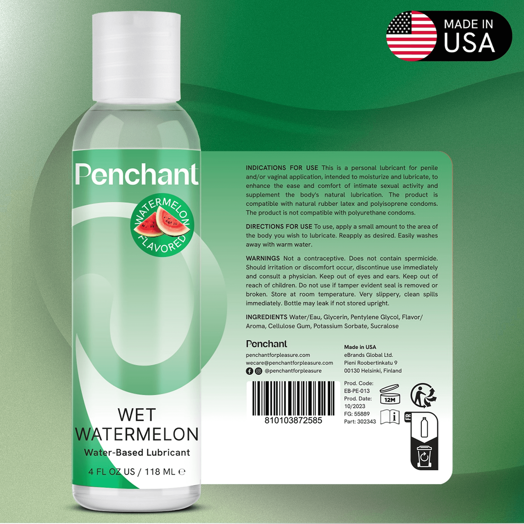 Penchant Wet Watermelon water-based personal lubricant with juicy watermelon flavor, 4oz, non-sticky, condom and toy safe.
