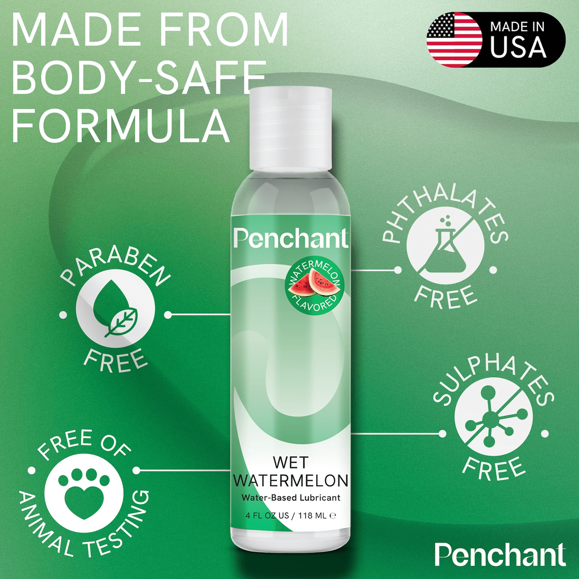 Watermelon lube bottle, Penchant Watermelon Flavor, body-safe lubricant, paraben-free, phthalates-free, sulphates-free, USA made, 4oz size.