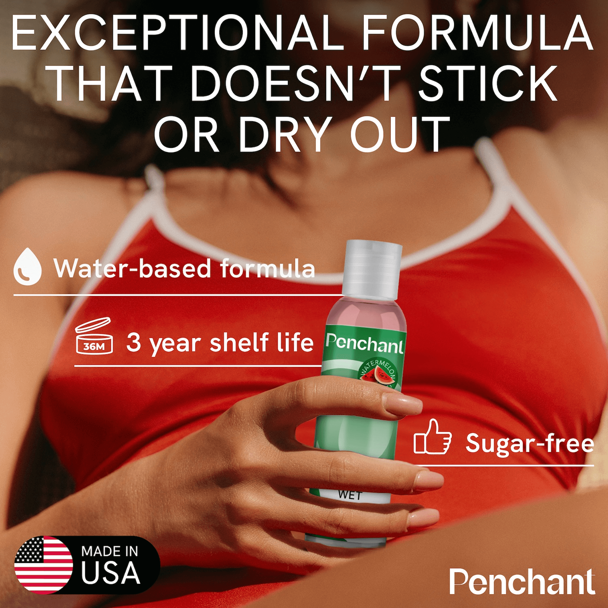 Watermelon lube bottle held by a person, highlighting water-based formula, 3-year shelf life, and sugar-free attributes.