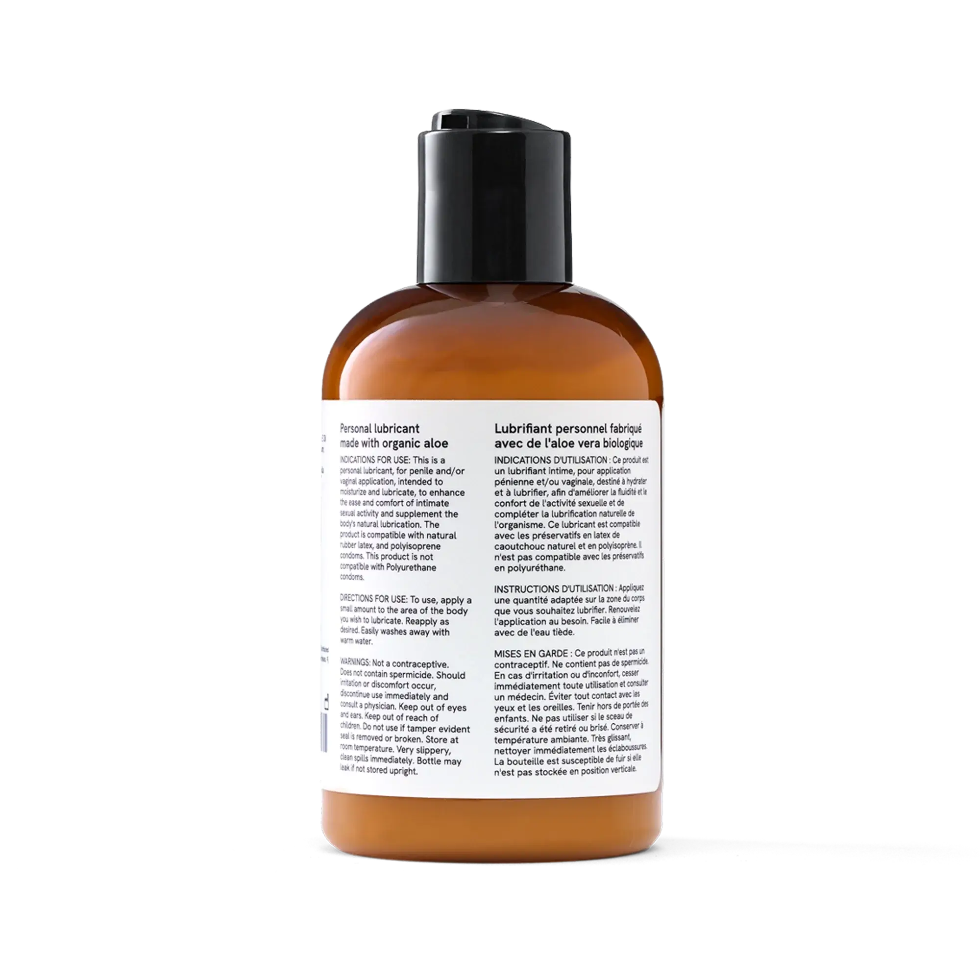 Penchant organic aloe based personal lubricant bottle back label with bilingual ingredients and usage instructions, transparent background