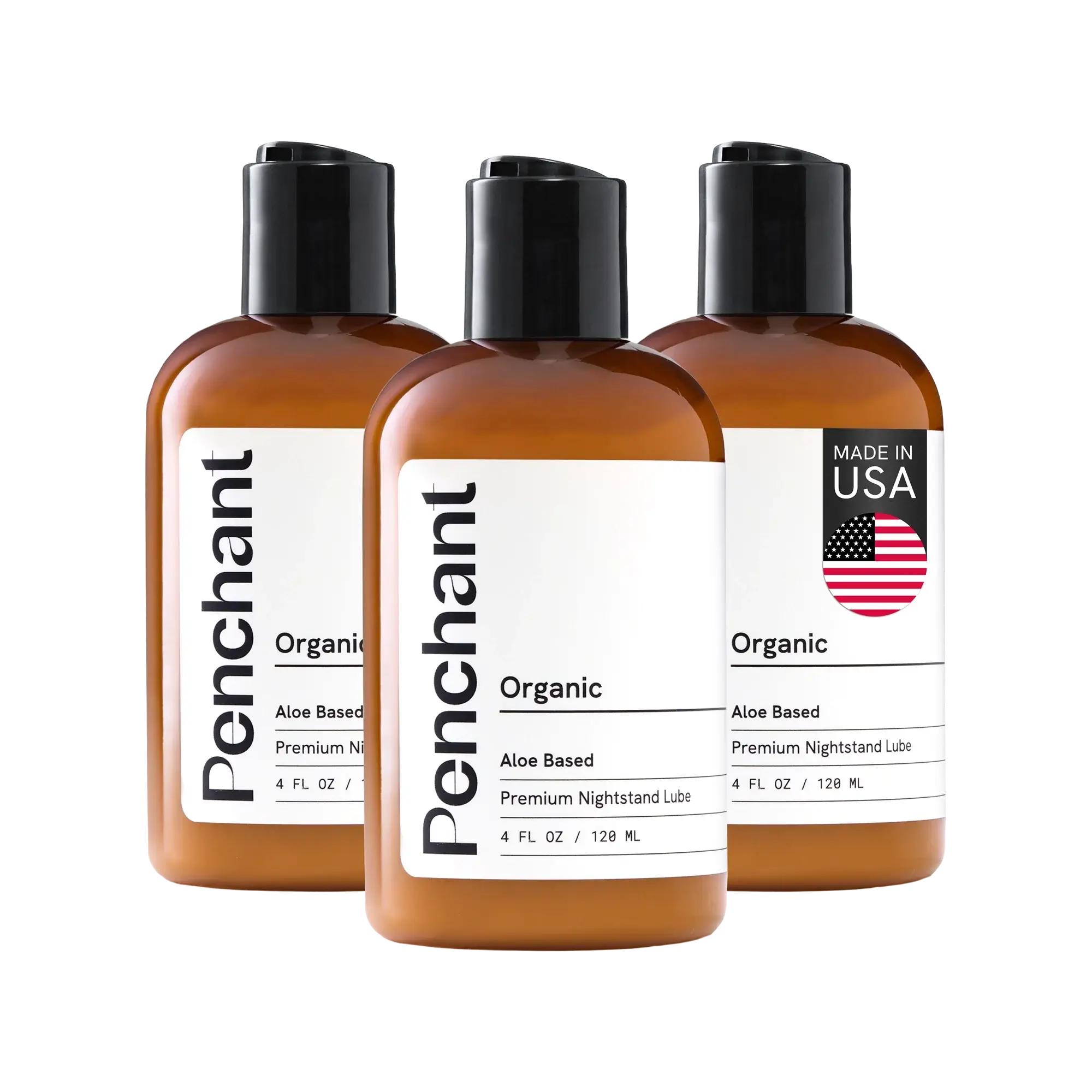 Three Penchant Organic Aloe Based Premium Nightstand Lube 4oz bottles bundle, made in USA, transparent background
