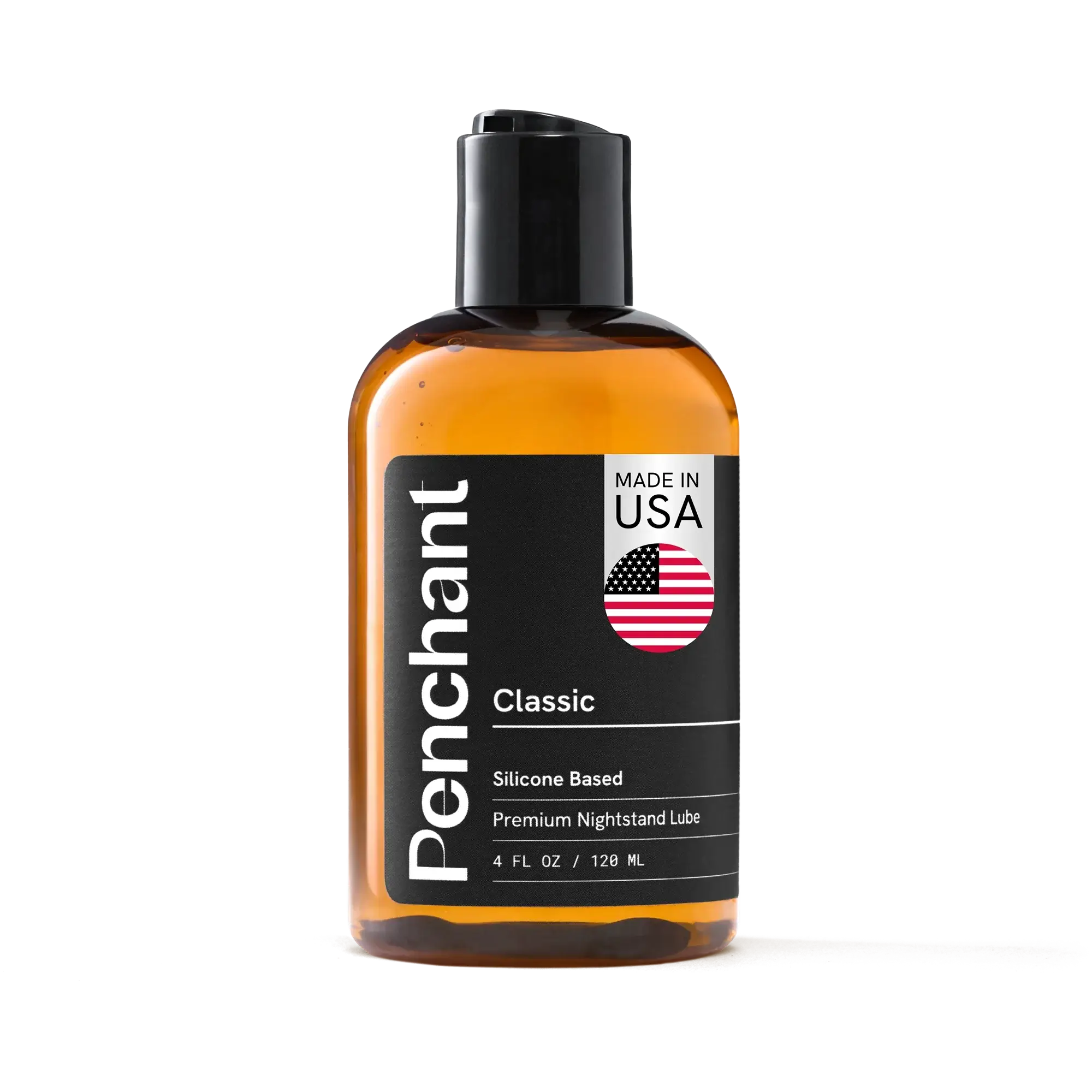 Penchant Classic Silicone Based Premium Nightstand Lube 4oz bottle front view, made in USA, transparent background