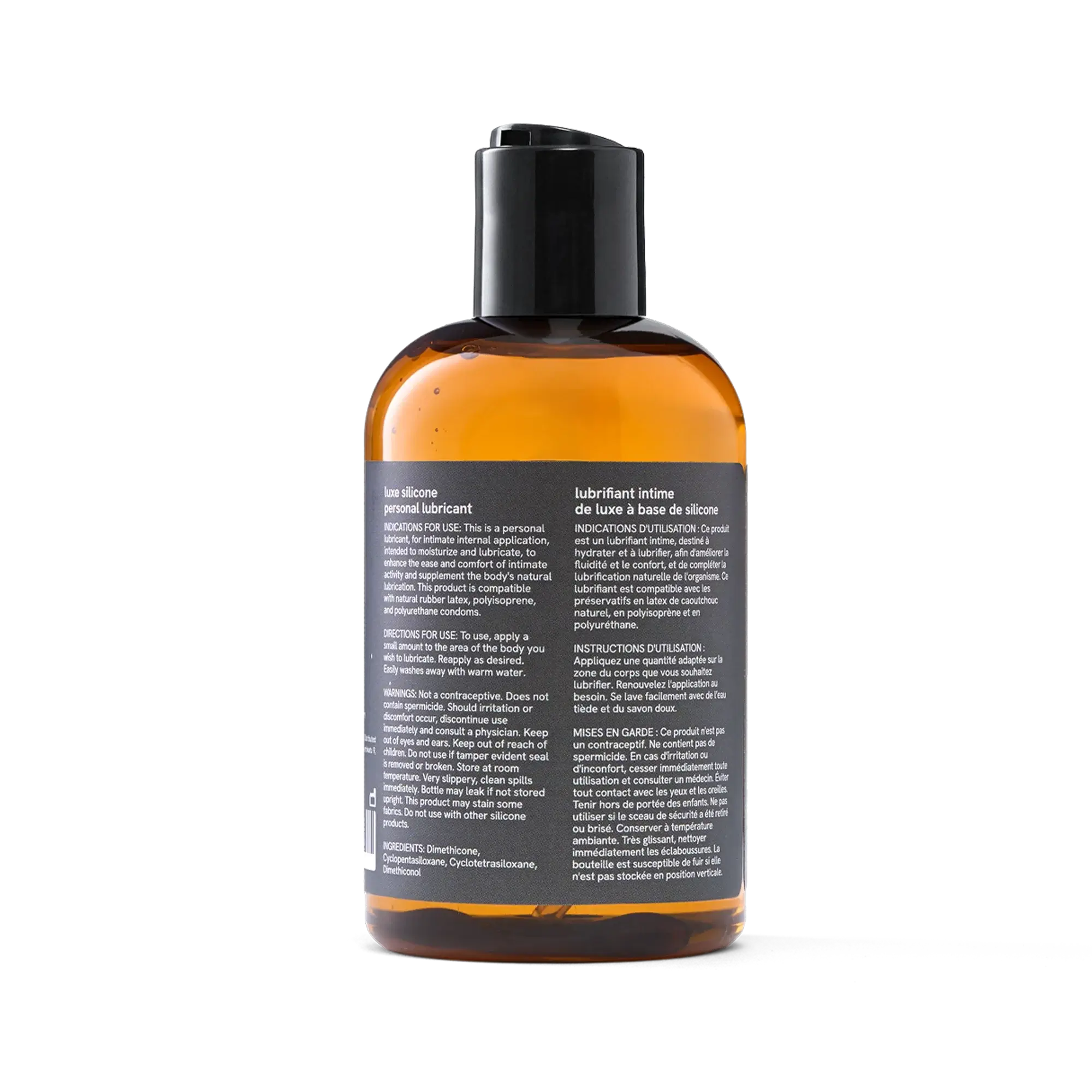 Penchant silicone based personal lubricant bottle back label showing ingredients, directions and bilingual usage instructions, transparent background