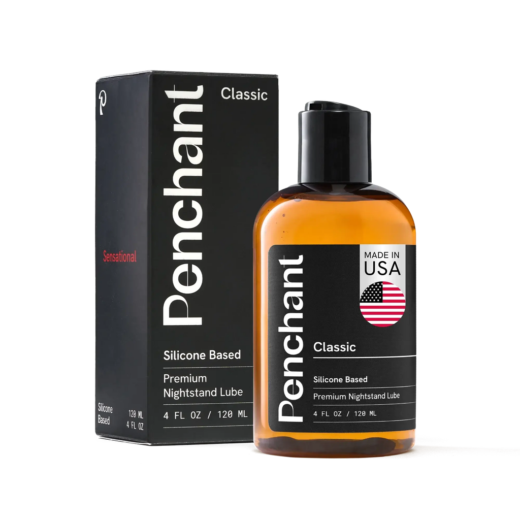 Penchant Classic Silicone Based Premium Nightstand Lube 4oz bottle with box packaging, made in USA, transparent background