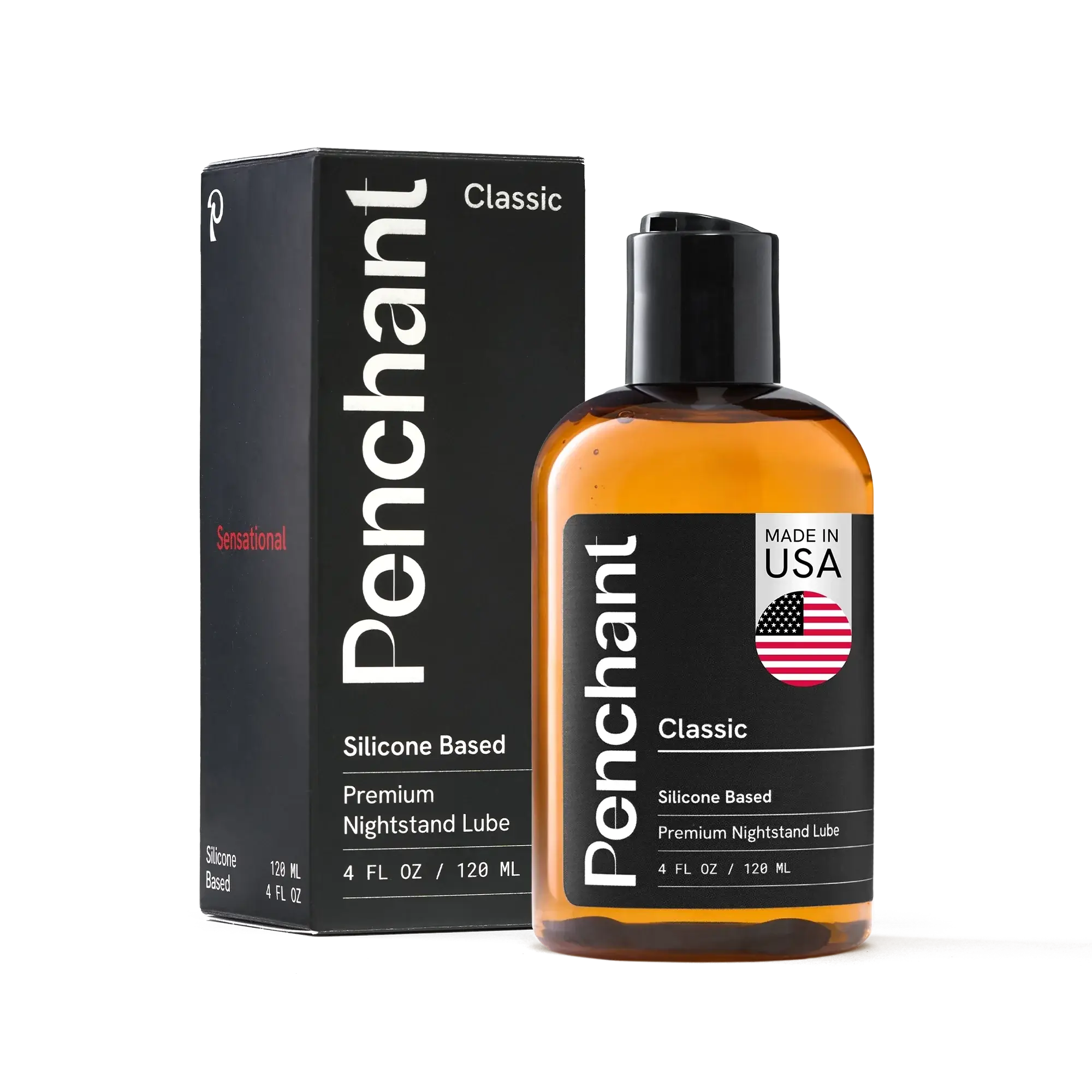 Penchant Classic Silicone Based Premium Nightstand Lube 4oz bottle with box packaging, made in USA, transparent background