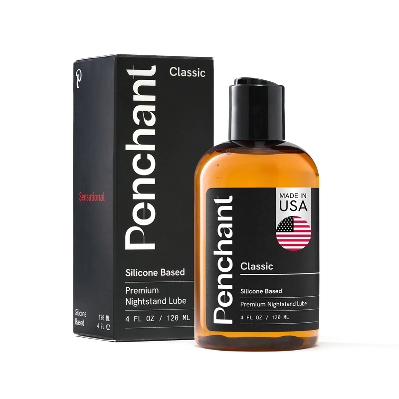 Penchant Classic Silicone Based Premium Nightstand Lube 4oz bottle with box packaging, made in USA, transparent background