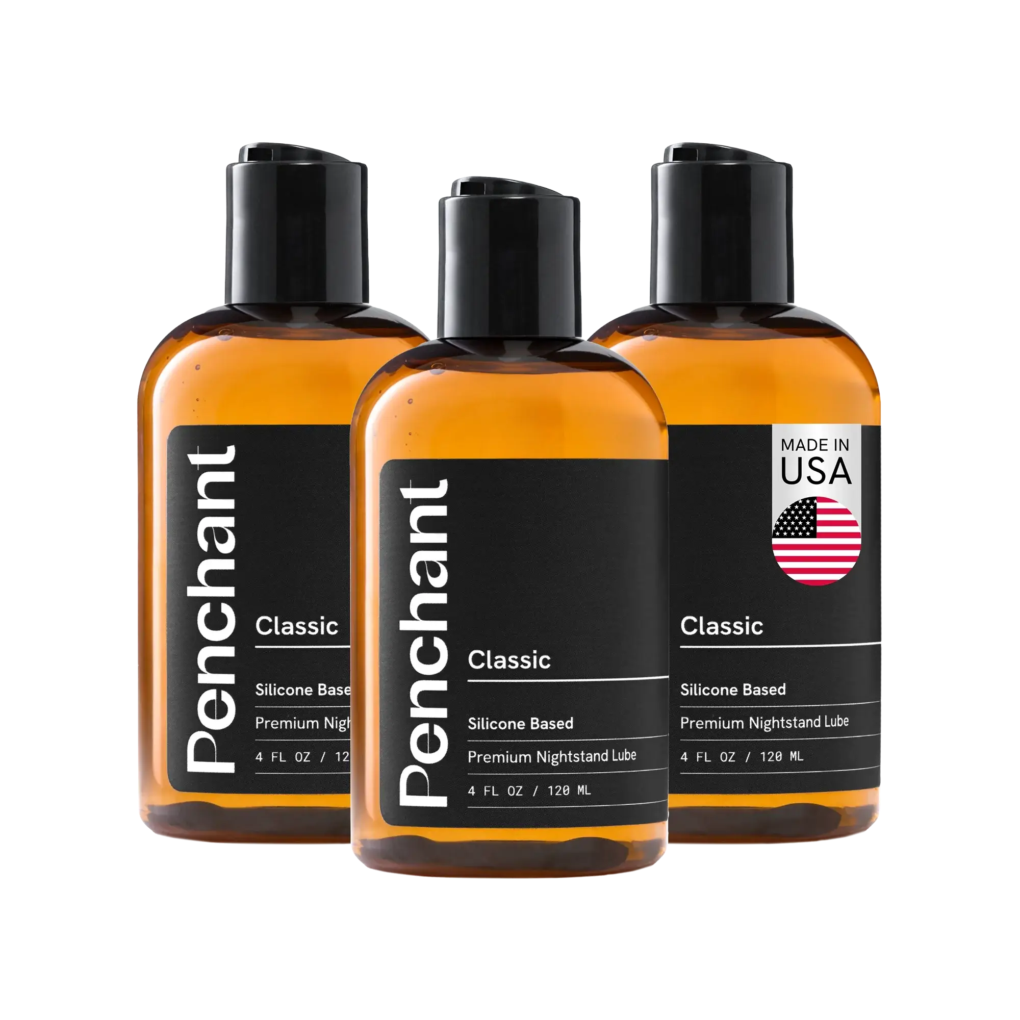 Three Penchant Classic Silicone Based Premium Nightstand Lube 4oz bottles bundle, made in USA, transparent background