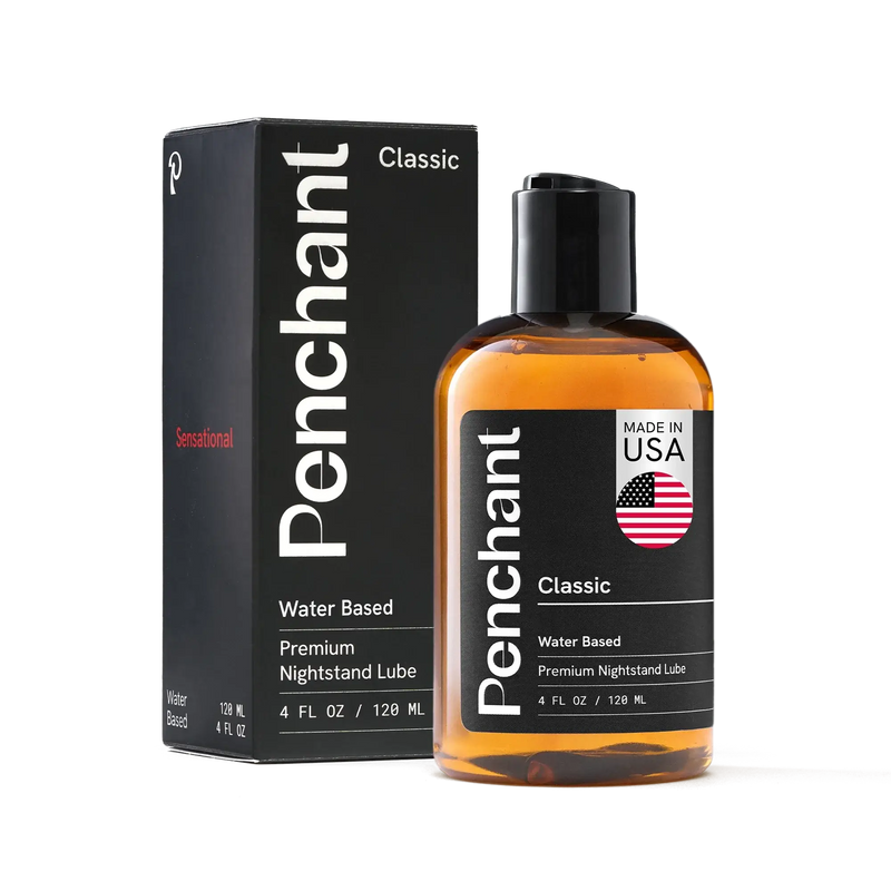 Penchant Classic Water Based Premium Nightstand Lube 4oz bottle with box packaging, made in USA, transparent background