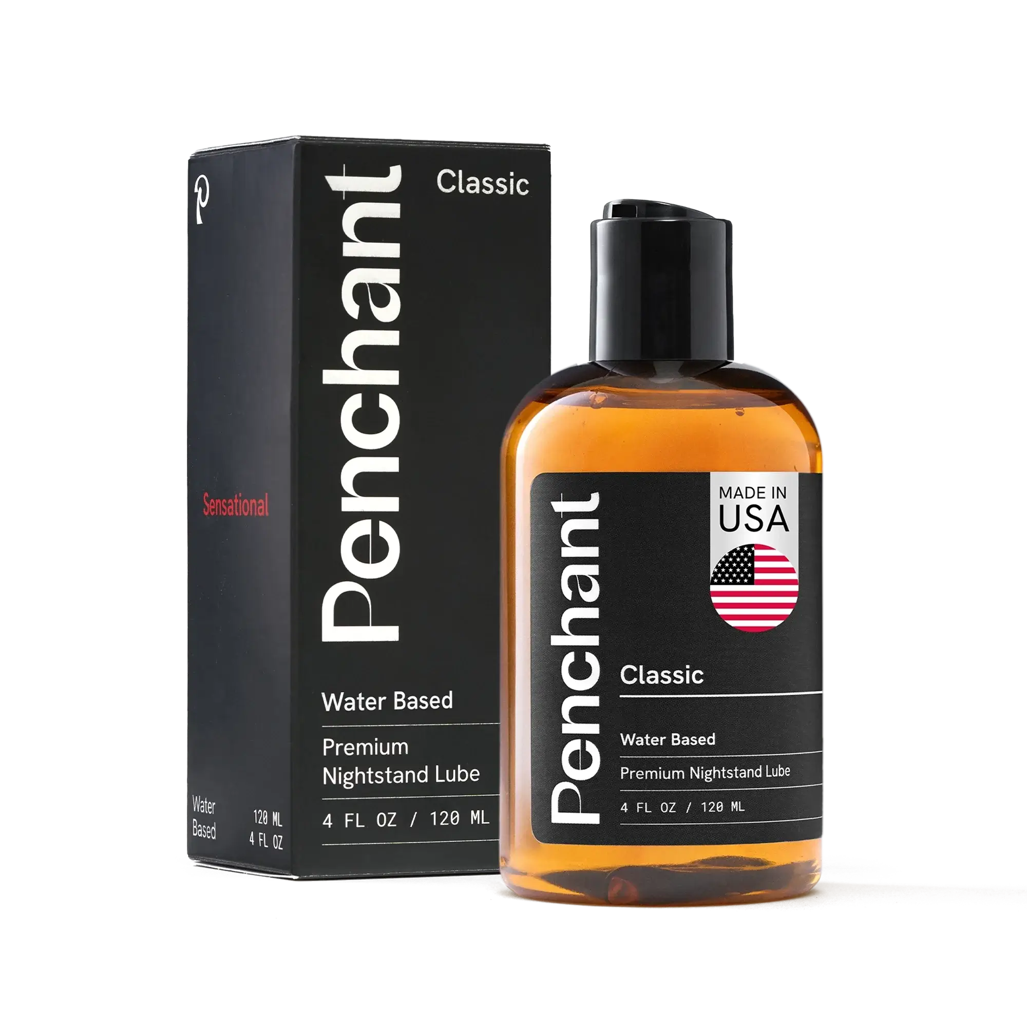 Penchant Classic Water Based Premium Nightstand Lube 4oz bottle with box packaging, made in USA, transparent background