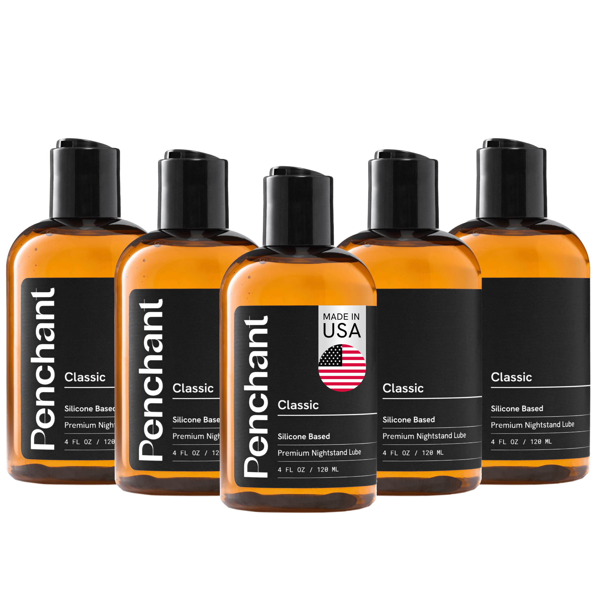 Five Penchant Classic Silicone Based Premium Nightstand Lube 4oz bottles 5-pack bundle, made in USA, transparent background