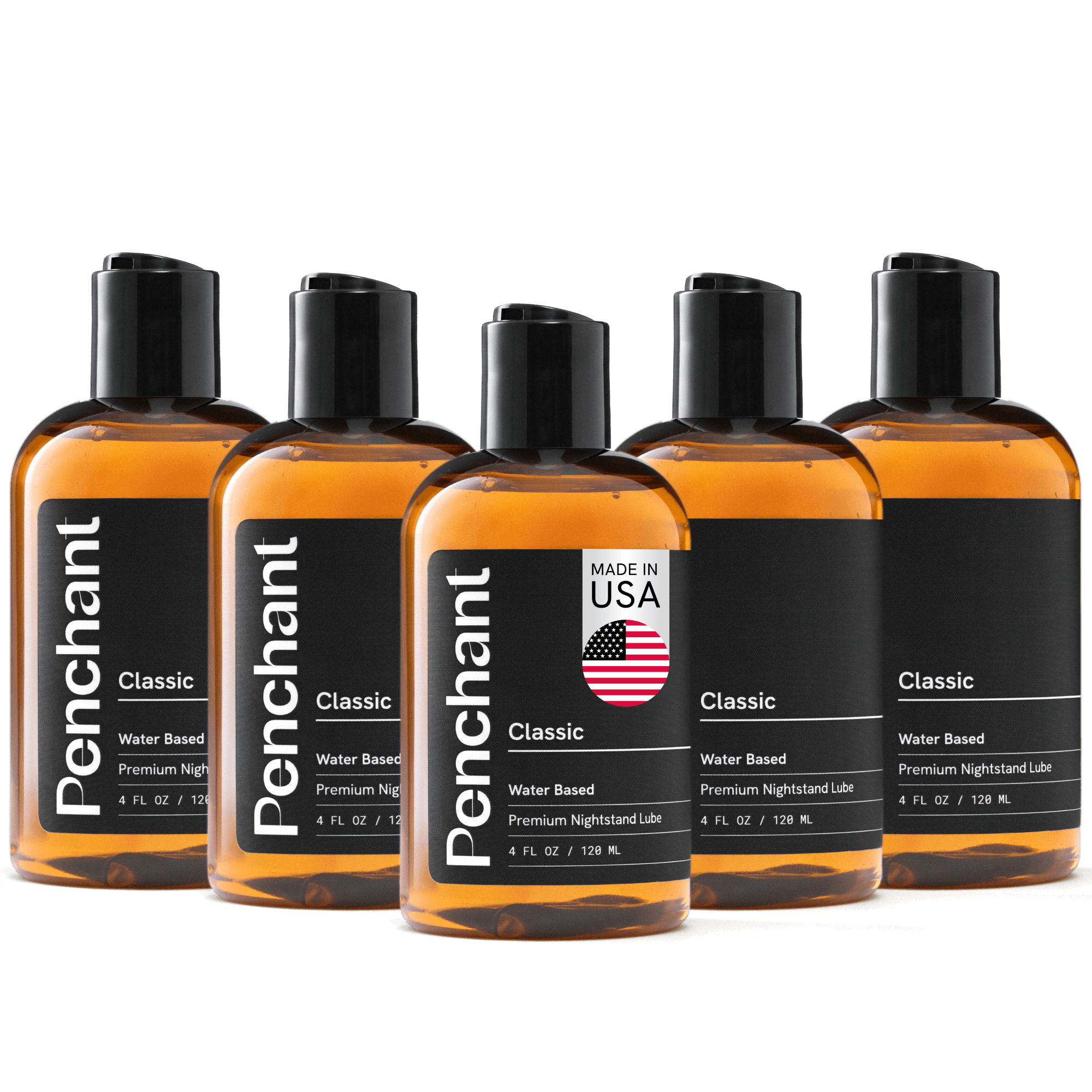 Five Penchant Classic Water Based Premium Nightstand Lube 4oz bottles 5-pack bundle, made in USA, transparent background