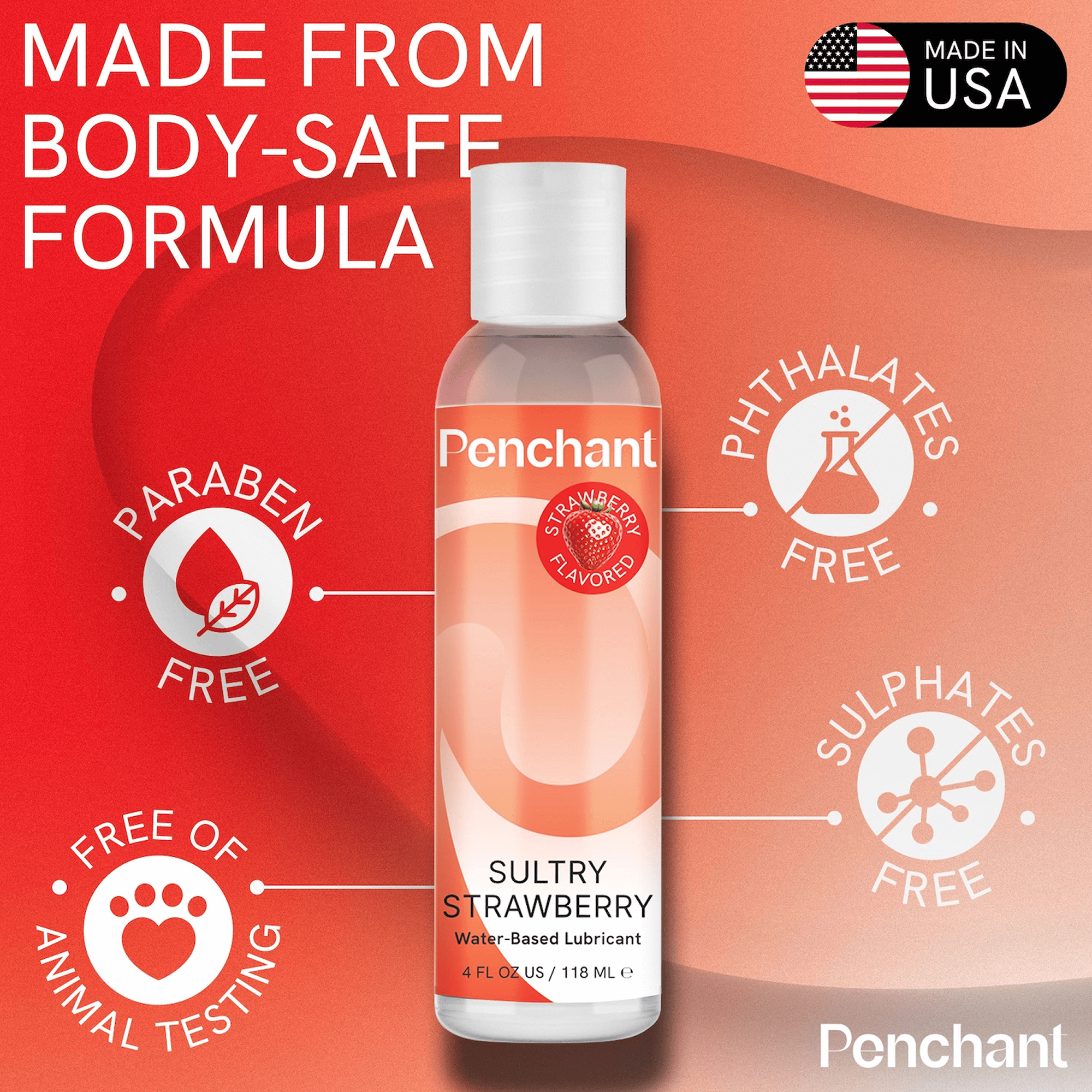 Strawberry Lube - Sultry Sensation Personal Lubricant, 4oz bottle on a promotional graphic highlighting its paraben-free, phthalate-free, sulfate-free, and cruelty-free formula, made in the USA.