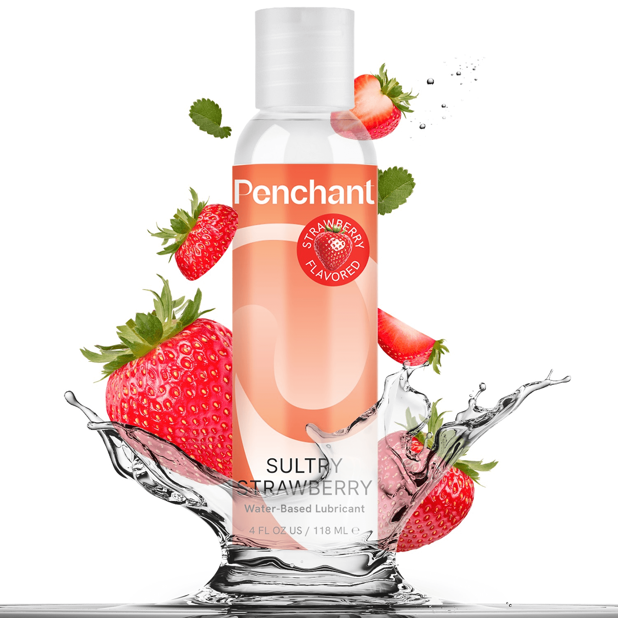 Penchant Sultry Strawberry water-based personal lubricant with natural strawberry flavor, 4oz bottle, surrounded by fresh strawberries and water splash.