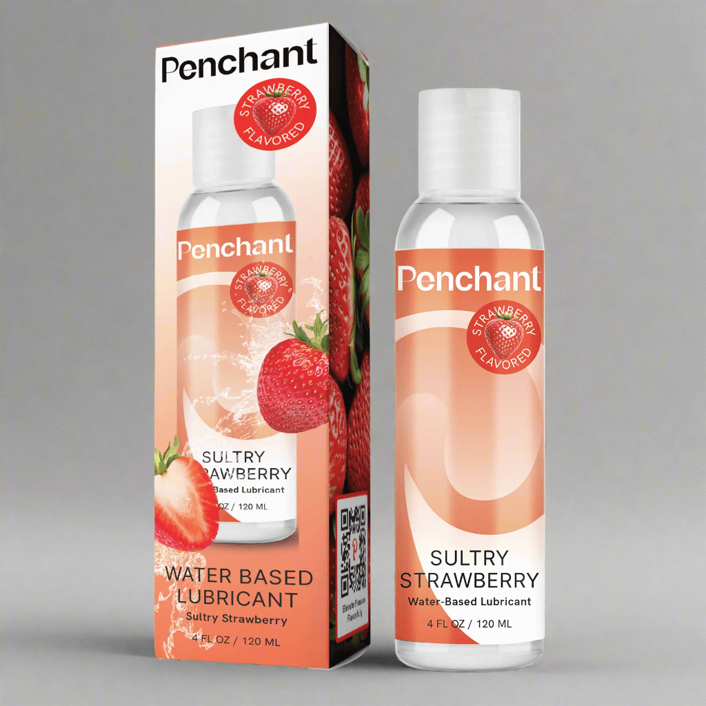 Penchant Sultry Strawberry water-based lube, 4oz bottle with strawberry flavor, gentle, non-sticky, condom-safe personal lubricant